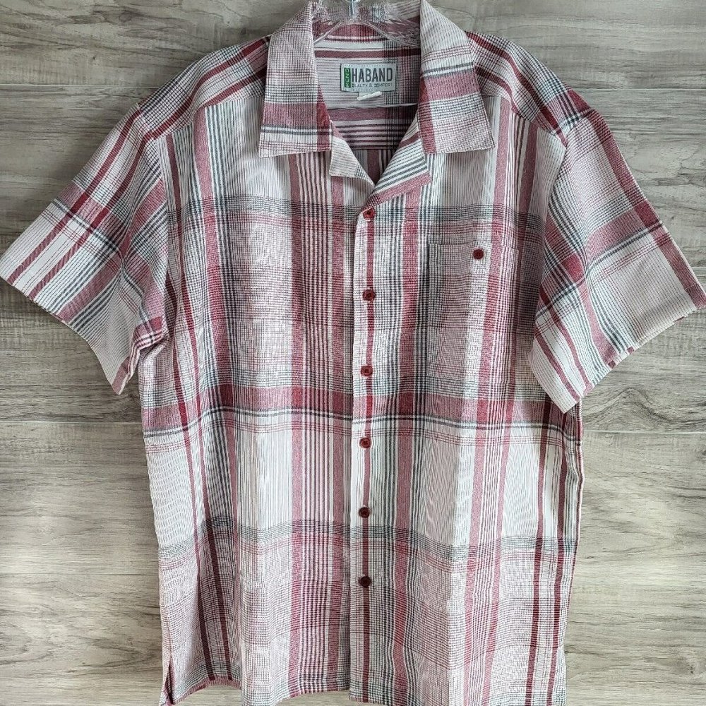 HaBand Men's Large Red Plaid Casual Travel Button Front Short Sleeve Shirt